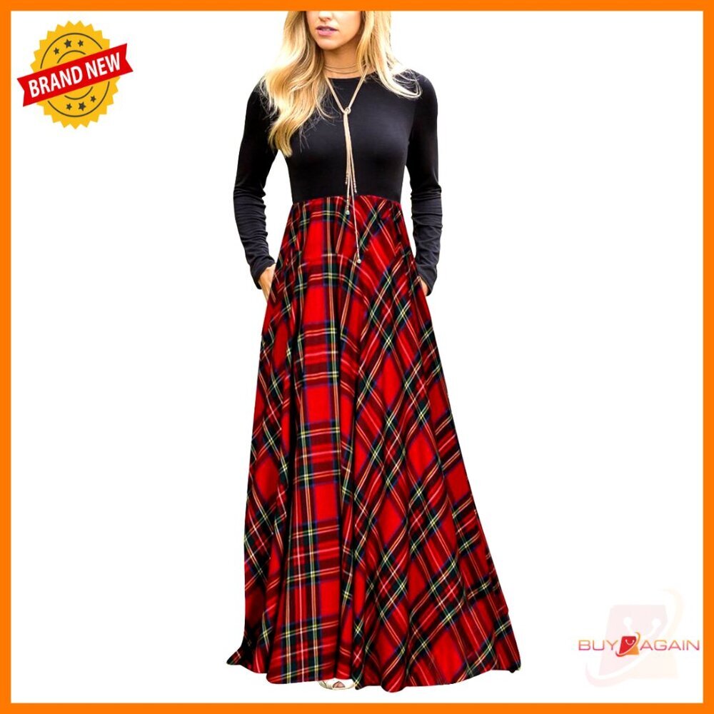 Long Sleeve Plaid Empire Waist Maxi Dress With Pockets Elegant Chic Formal